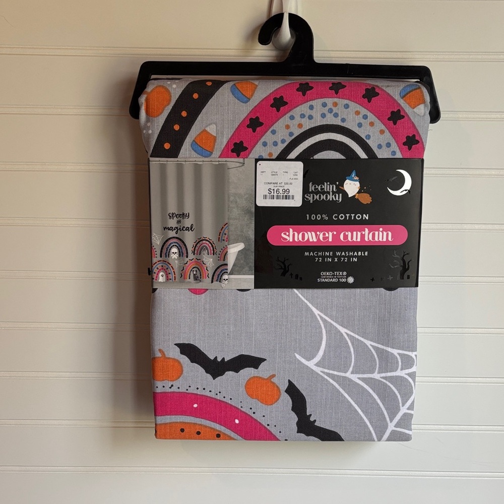 Feelin' Spooky Halloween Cotton Shower Curtain - Gray Pink Orange
